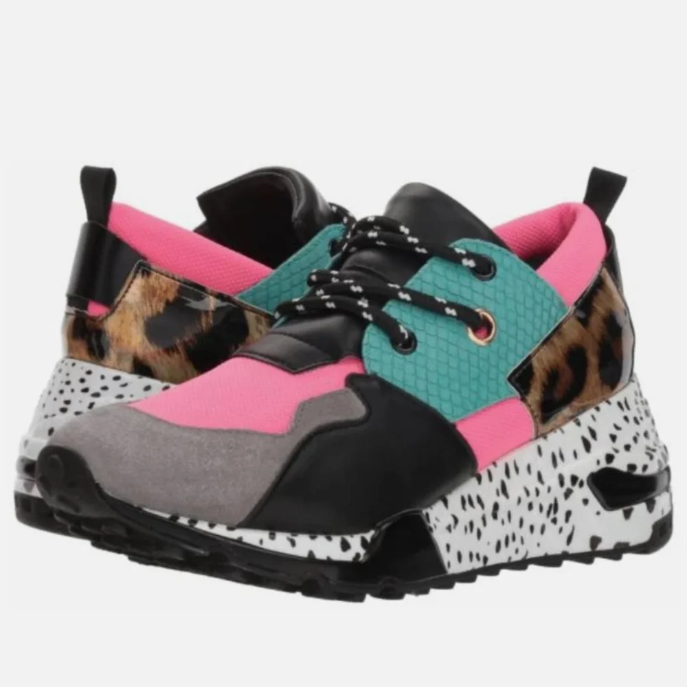 Steve Madden Women’s Cliff Sneakers Platform Animal Print Pink Turquoise Retro 8 - Picture 2 of 13